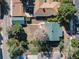 Aerial view showcasing the backyard with a detached garage and mature trees providing shade at 4110 Yates St, Denver, CO 80212