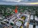 Aerial view showcasing the neighborhood's location with downtown skyline and the property location at 3030 Wilson Ct # 5, Denver, CO 80205