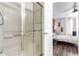 Bathroom featuring tiled shower with glass door and a view into the primary bedroom at 5570 Perth Ct, Denver, CO 80249