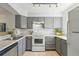 Well-lit kitchen featuring stainless steel appliances, neutral countertops, and grey cabinets at 1699 S Trenton St # 147, Denver, CO 80231