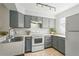 Bright kitchen with modern appliances, including a stainless steel sink, white countertops and gray cabinets at 1699 S Trenton St # 147, Denver, CO 80231
