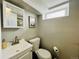 Compact bathroom showcases a sleek vanity and toilet, illuminated by natural light from a window, maximizing space at 4901 Bryant St, Denver, CO 80221