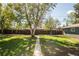 Spacious backyard with lush green grass, mature trees, and a concrete walkway at 863 S Dudley St, Lakewood, CO 80226