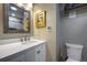 Bathroom with a white vanity, decorative mirror, and a toilet with towel rack at 207 County Road 65, Evergreen, CO 80439