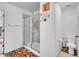 Bathroom featuring glass door shower, with gray tile and a floral rug, toilet, and minimalist wall decor at 857 Gold Hill Dr, Erie, CO 80516