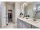 Elegant bathroom featuring double sinks, modern lighting, and a walk-in closet at 13460 Broad Wing Ave, Parker, CO 80134