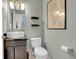 Well-lit half bathroom featuring modern fixtures, stylish vanity, and tasteful décor at 10540 Tracewood Cir, Highlands Ranch, CO 80130