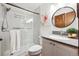 Updated bathroom with a glass enclosed shower and a vanity sink at 14231 E Dickinson Dr # E, Aurora, CO 80014