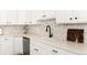 Kitchen with updated stainless appliances, white cabinets, and mosaic backsplash at 22725 E Ottawa Pl, Aurora, CO 80016