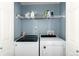 Well-organized laundry room features a washer, dryer, and storage shelf for supplies at 22725 E Ottawa Pl, Aurora, CO 80016