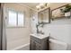 Bright bathroom showcasing a tub and shower, modern vanity, and contemporary fixtures at 3620 Fairfax St, Denver, CO 80207