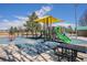Park playground with colorful jungle gym and picnic tables on a blue soft pad at 1529 Ashcroft Dr, Longmont, CO 80501