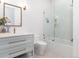Stylish bathroom features white subway tile, a glass enclosed shower, and a gray vanity at 860 Diamond Ridge Cir, Castle Rock, CO 80108
