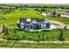 Aerial shot of a beautiful blue home on a vast green lot in a gorgeous rural neighborhood at 41975 Muirfield Loop, Elizabeth, CO 80107
