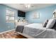 Bright bedroom featuring blue walls, a window, ceiling fan, TV, and white dresser and accents at 5833 S Pearl St, Centennial, CO 80121