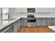 Modern kitchen featuring stainless steel appliances and grey and white cabinets at 20394 E Colgate Pl, Aurora, CO 80013