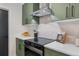 Modern kitchen featuring stainless hood, glossy subway tile backsplash, and green cabinetry with black hardware at 3275 Lawrence St, Denver, CO 80205