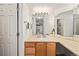 Bathroom with a large mirror and vanity adjacent to a door, showing vanity reflected in mirror at 9222 E Arbor Cir # L, Englewood, CO 80111