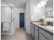 Modern bathroom featuring double sinks, gray cabinets, and a glass-enclosed shower at 6956 S Titus St, Aurora, CO 80016