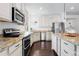 Close-up of kitchen showcasing stainless steel appliances, granite counters, and white cabinetry at 19543 E 54Th Ave, Denver, CO 80249