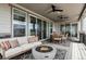 Relaxing covered patio area with comfortable seating, ceiling fans, and a modern fire pit, perfect for outdoor entertaining at 6851 Copper Sky Cir, Castle Pines, CO 80108