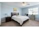 Comfortable bedroom with light blue walls, ceiling fan, and a window with lots of light at 15800 E 121St Ave # 4G, Brighton, CO 80603
