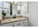 Well lit bathroom with decorative granite countertop, white cabinets and vintage faucet at 3559 Meadow Ln, Brighton, CO 80603