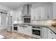 Modern kitchen with stainless steel appliances, gray cabinets, and wood flooring at 15902 W 64Th Ave, Arvada, CO 80007