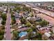 Aerial view showcases a charming neighborhood near green spaces, highways, and the Denver city skyline in the background at 2258 S Galapago St, Denver, CO 80223