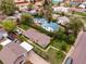 This aerial view shows a single-story home in a neighborhood with alley access and compact backyard at 2258 S Galapago St, Denver, CO 80223