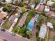 A detailed aerial shot captures a residential area with various home styles, mature trees, and well-maintained yards, highlighting neighborhood appeal at 2258 S Galapago St, Denver, CO 80223