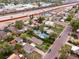 Aerial view of a residential neighborhood next to a freeway and railyard with single-story homes and mature trees at 2258 S Galapago St, Denver, CO 80223