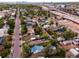 Aerial view showcases a charming neighborhood near green spaces, highways, and the Denver city skyline in the background at 2258 S Galapago St, Denver, CO 80223