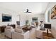 Bright living room with hardwood floors, comfortable seating, and modern lighting at 334 S Revere St, Aurora, CO 80012