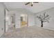 Main bedroom with vaulted ceiling, decorative tree art, and ensuite bathroom access at 3630 Sawgrass Trl, Castle Rock, CO 80109