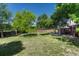 Expansive green backyard surrounded by mature trees and a wooden fence at 1572 W Long Ave, Littleton, CO 80120