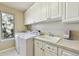 Well-equipped laundry room with white cabinetry, sink, and a large window for natural light at 2116 Ridgetrail Dr, Castle Rock, CO 80104