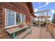 Relax on the back porch with comfortable seating and a picnic table, surrounded by scenic views at 356 Castlewood Dr, Evergreen, CO 80439