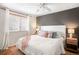 Bedroom featuring a white comforter, grey accent wall and wood floors at 16012 E Floyd Ave, Aurora, CO 80013