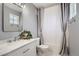 Bathroom with shower/tub combo, white vanity with marble countertop, and modern fixtures at 7648 S Sicily Way, Aurora, CO 80016