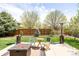 Backyard patio with modern furniture, lush green grass, and mature trees at 2140 Santa Fe Dr, Longmont, CO 80504