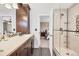 Modern bathroom featuring a spacious vanity, glass enclosed shower, and view to the bedroom at 9272 Melborne Ct, Parker, CO 80134