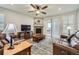 Comfortable living room featuring a fireplace, sliding glass doors to the backyard, and neutral decor at 15211 Quince St, Thornton, CO 80602