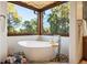 Elegant bathroom featuring a freestanding tub with a scenic view, set on decorative stones at 77 Comstock Pl, Castle Rock, CO 80108