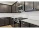 Close up of stainless steel microwave, cooktop and expansive countertop space at 7241 Goldbloom Ln, Littleton, CO 80125