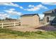 Backyard shed with a concrete pad, gravel, and convenient access to the home at 56330 E 37Th Ct, Strasburg, CO 80136