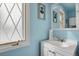 Charming bathroom with blue walls, a white vanity, and nautical-themed decor, creating a serene ambiance at 8879 W Floyd Ave, Lakewood, CO 80227