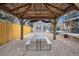 Covered patio area with picnic table and string lights at 7636 S Eaton Way, Littleton, CO 80128