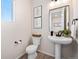 Stylish powder room with pedestal sink and contemporary decor at 7052 Hidden Cove Ct, Castle Pines, CO 80108