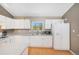 Bright kitchen with white cabinets, stainless appliances, and lovely view from the window at 30819 Hilltop Dr, Evergreen, CO 80439